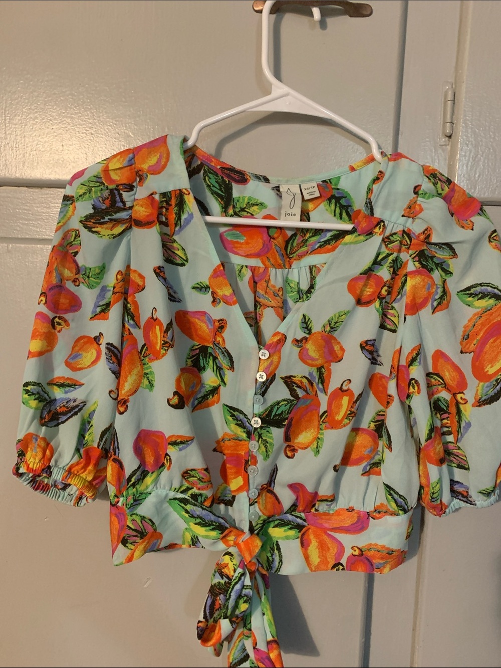 Joie Aqua Tie-Front Crop Top with Orange Fruit Print